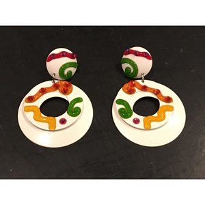 White Swirls Design Colorful Clip on Earrings Vintage Costume Jewelry